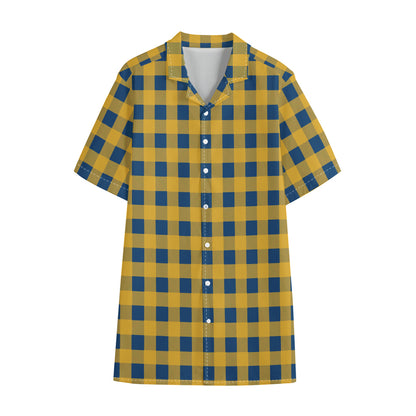 Blue And Yellow Buffalo Check Print Cotton Hawaiian Shirt