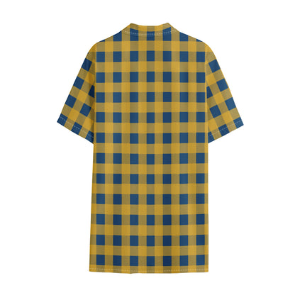 Blue And Yellow Buffalo Check Print Cotton Hawaiian Shirt