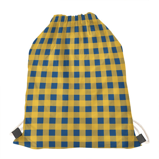 Blue And Yellow Buffalo Check Print Drawstring Bag
