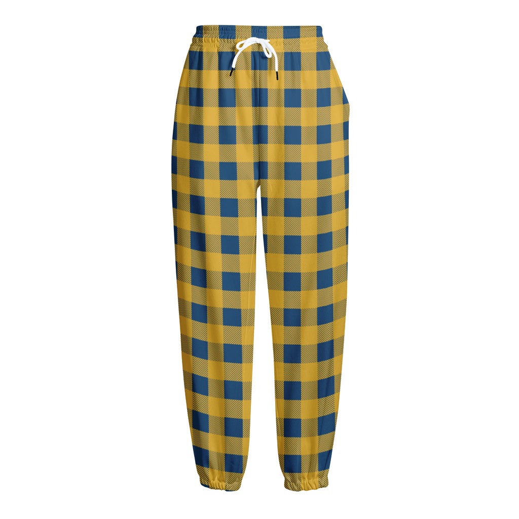 Blue And Yellow Buffalo Check Print Fleece Lined Knit Pants