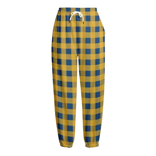 Blue And Yellow Buffalo Check Print Fleece Lined Knit Pants