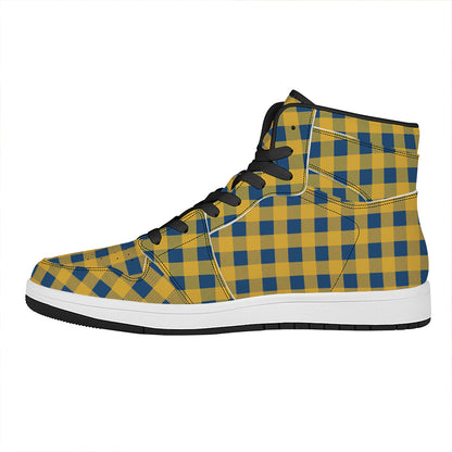 Blue And Yellow Buffalo Check Print High Top Leather Sneakers