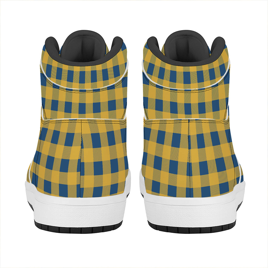 Blue And Yellow Buffalo Check Print High Top Leather Sneakers