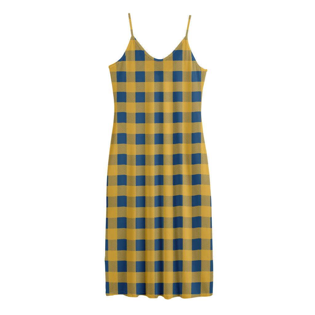Blue And Yellow Buffalo Check Print Jersey Midi Cami Dress