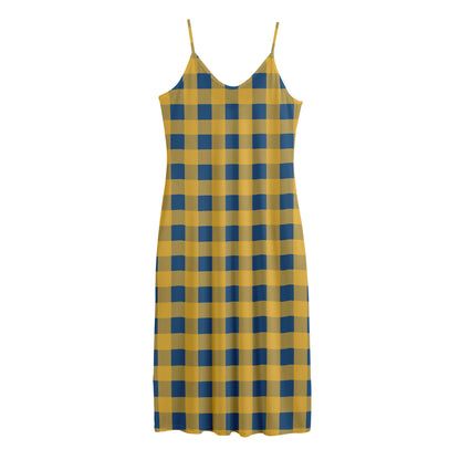 Blue And Yellow Buffalo Check Print Jersey Midi Cami Dress