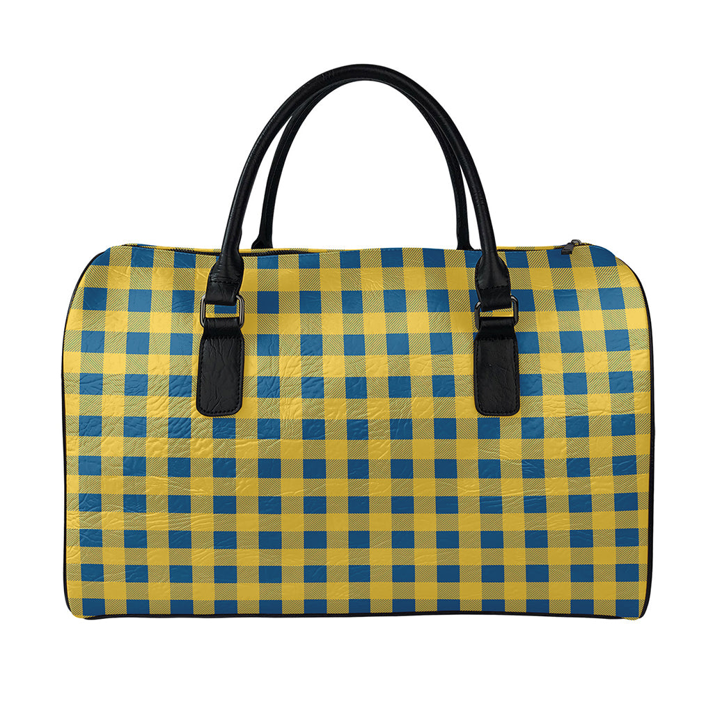 Blue And Yellow Buffalo Check Print Leather Duffle Bag