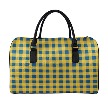 Blue And Yellow Buffalo Check Print Leather Duffle Bag