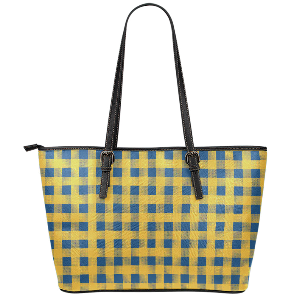 Blue And Yellow Buffalo Check Print Leather Tote Bag