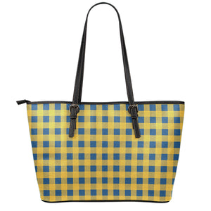 Blue And Yellow Buffalo Check Print Leather Tote Bag