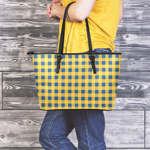 Blue And Yellow Buffalo Check Print Leather Tote Bag