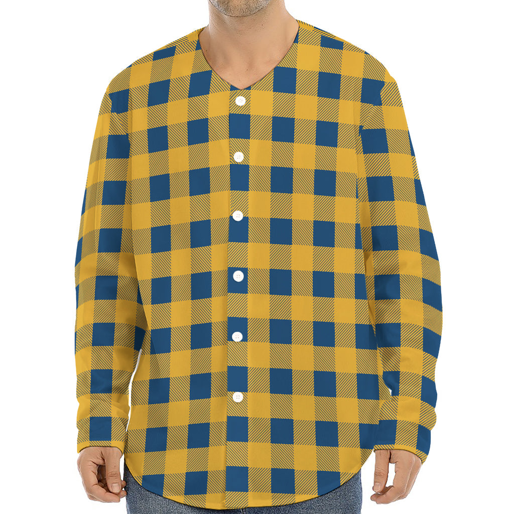 Blue And Yellow Buffalo Check Print Long Sleeve Baseball Jersey