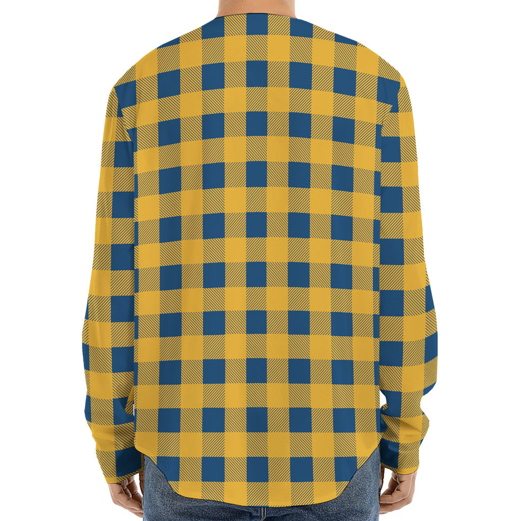 Blue And Yellow Buffalo Check Print Long Sleeve Baseball Jersey