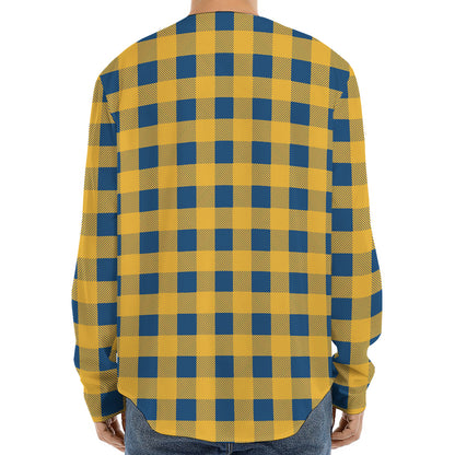 Blue And Yellow Buffalo Check Print Long Sleeve Baseball Jersey