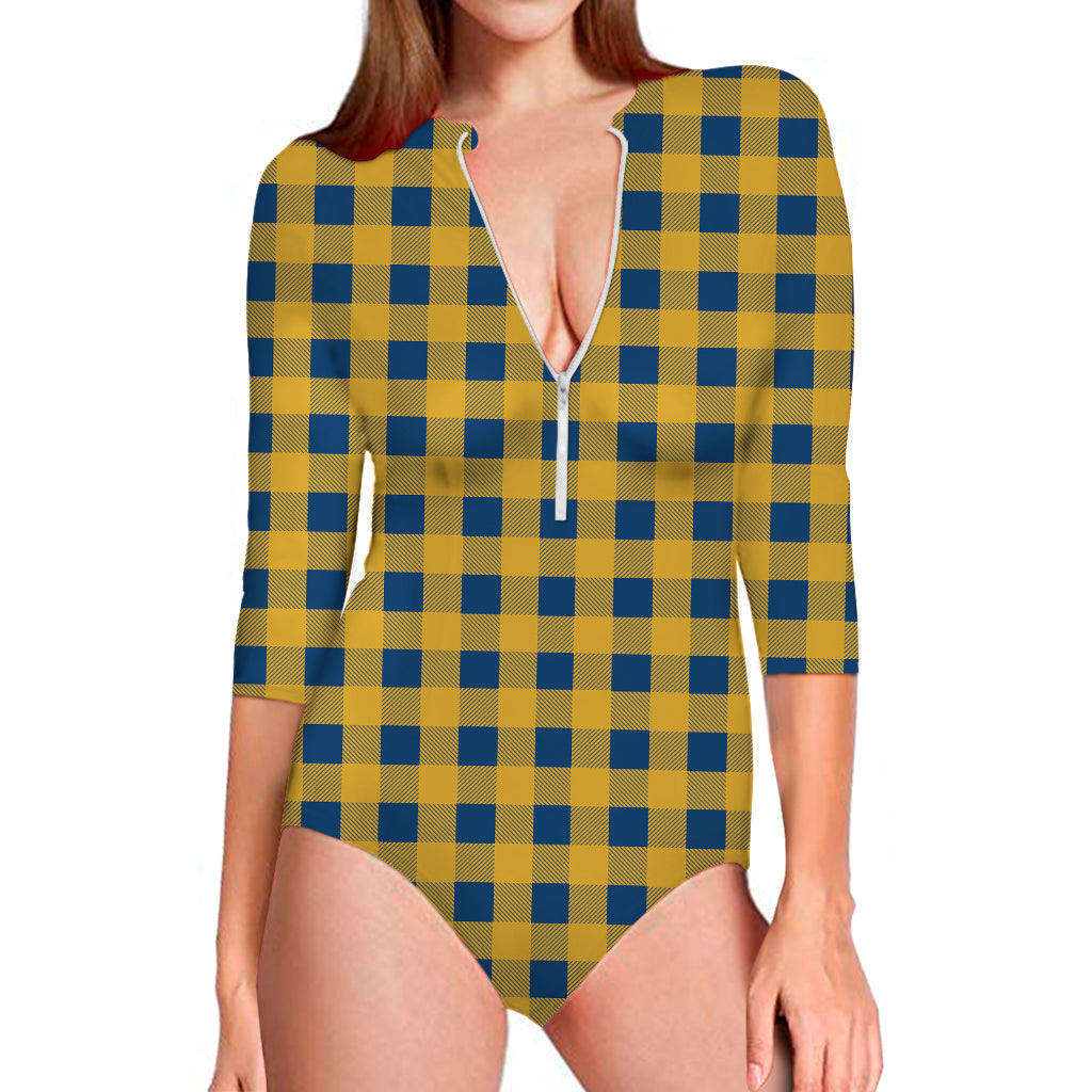 Blue And Yellow Buffalo Check Print Long Sleeve Swimsuit