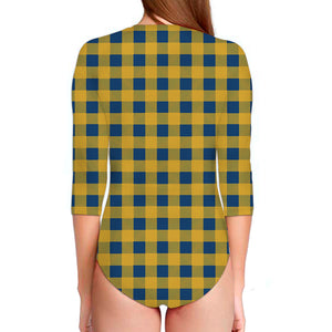 Blue And Yellow Buffalo Check Print Long Sleeve Swimsuit