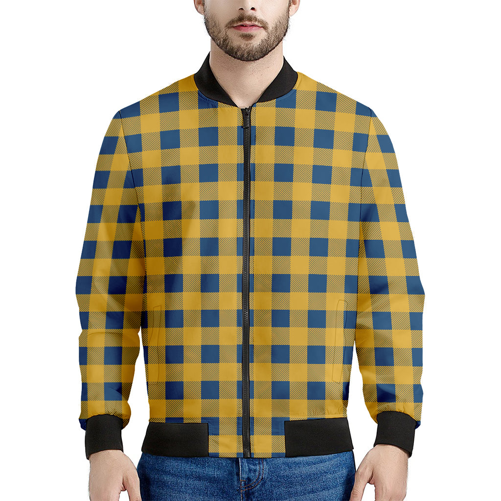 Blue And Yellow Buffalo Check Print Men's Bomber Jacket