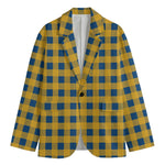 Blue And Yellow Buffalo Check Print Men's Cotton Blazer