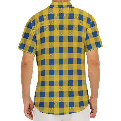 Blue And Yellow Buffalo Check Print Men's Deep V-Neck Shirt