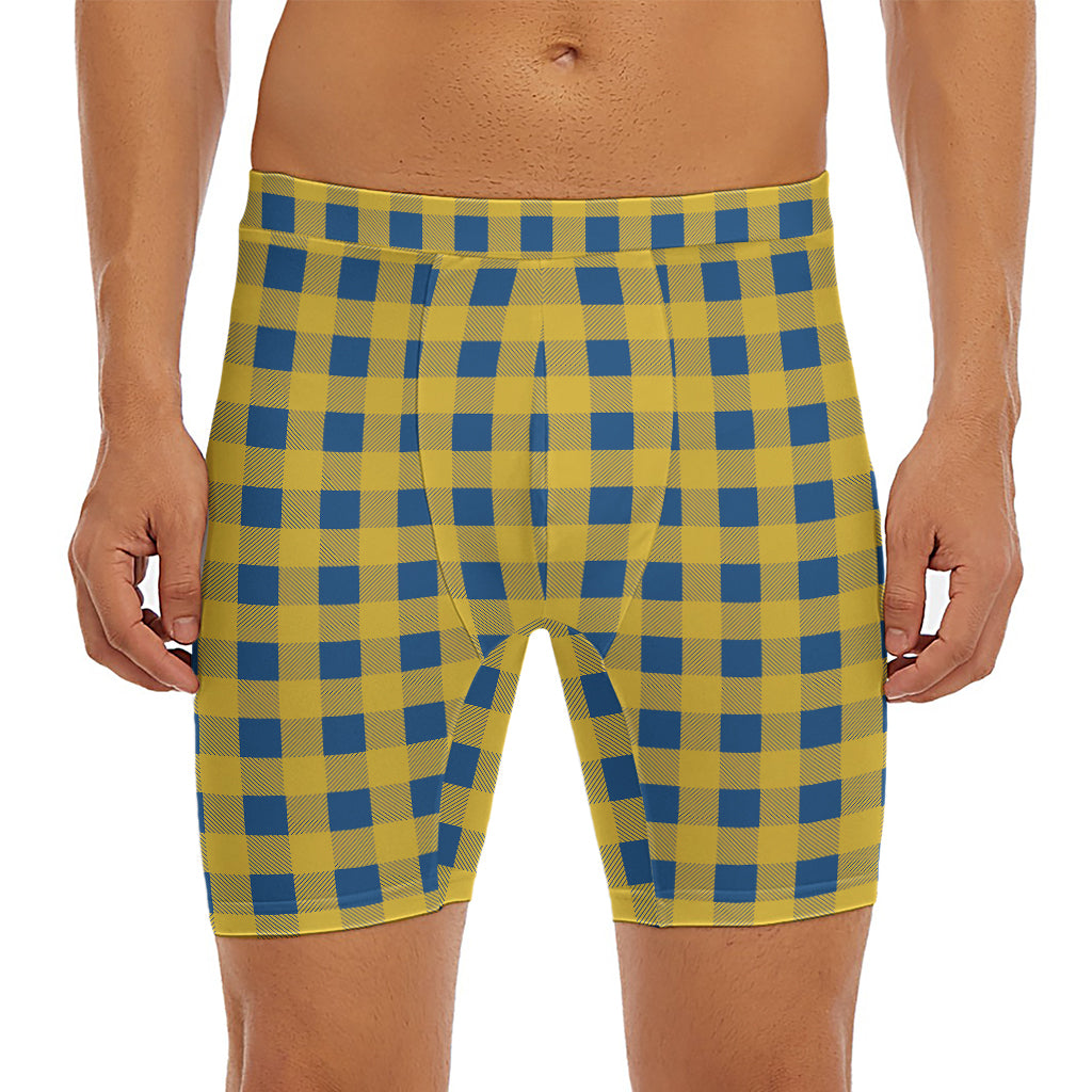 Blue And Yellow Buffalo Check Print Men's Long Boxer Briefs