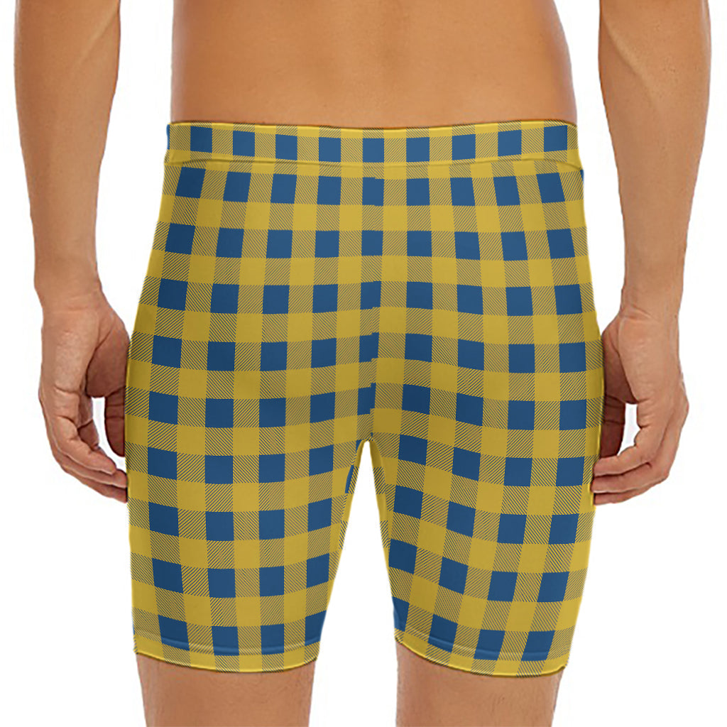 Blue And Yellow Buffalo Check Print Men's Long Boxer Briefs