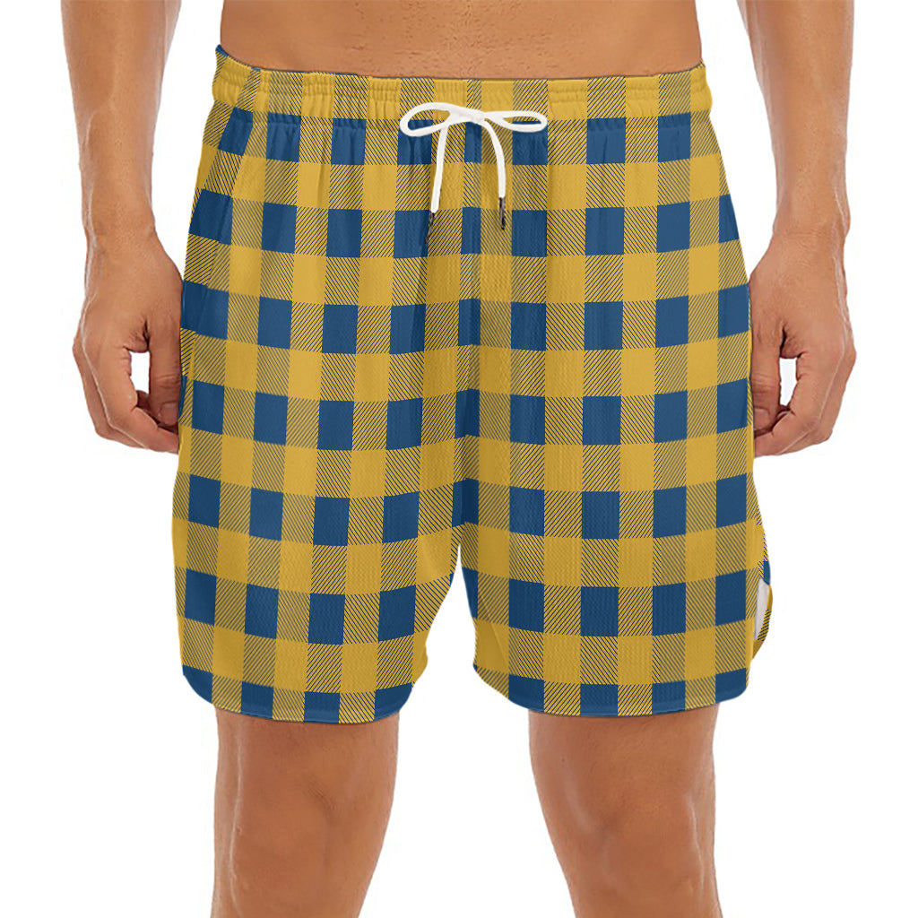 Blue And Yellow Buffalo Check Print Men's Split Running Shorts