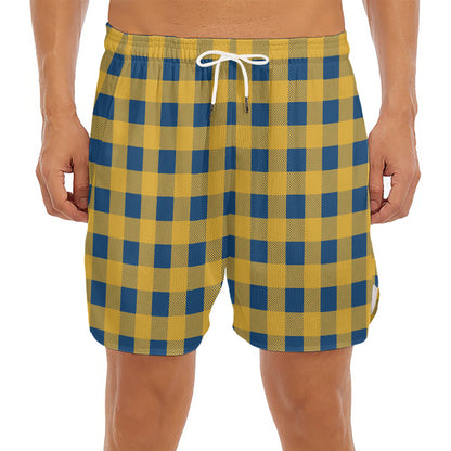 Blue And Yellow Buffalo Check Print Men's Split Running Shorts