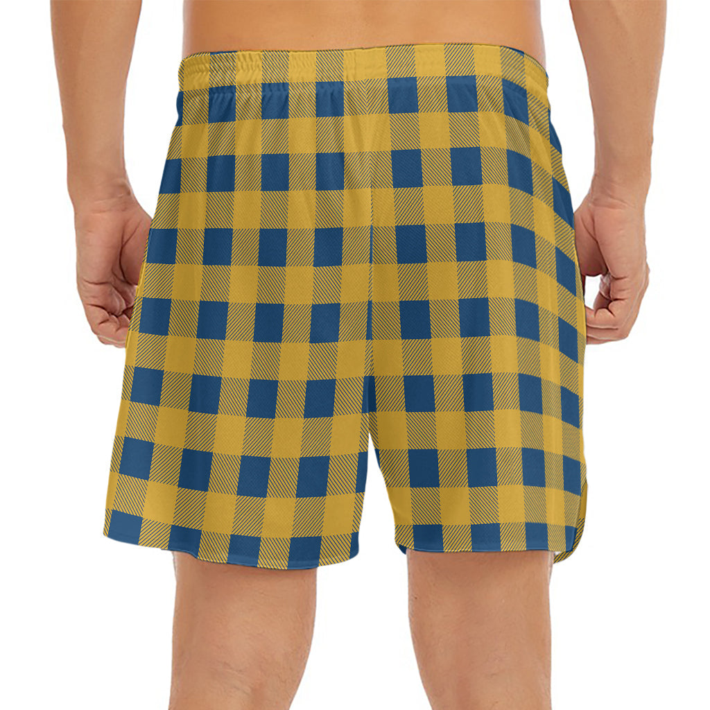 Blue And Yellow Buffalo Check Print Men's Split Running Shorts