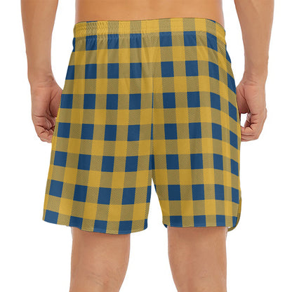 Blue And Yellow Buffalo Check Print Men's Split Running Shorts