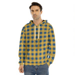 Blue And Yellow Buffalo Check Print Men's Velvet Pullover Hoodie