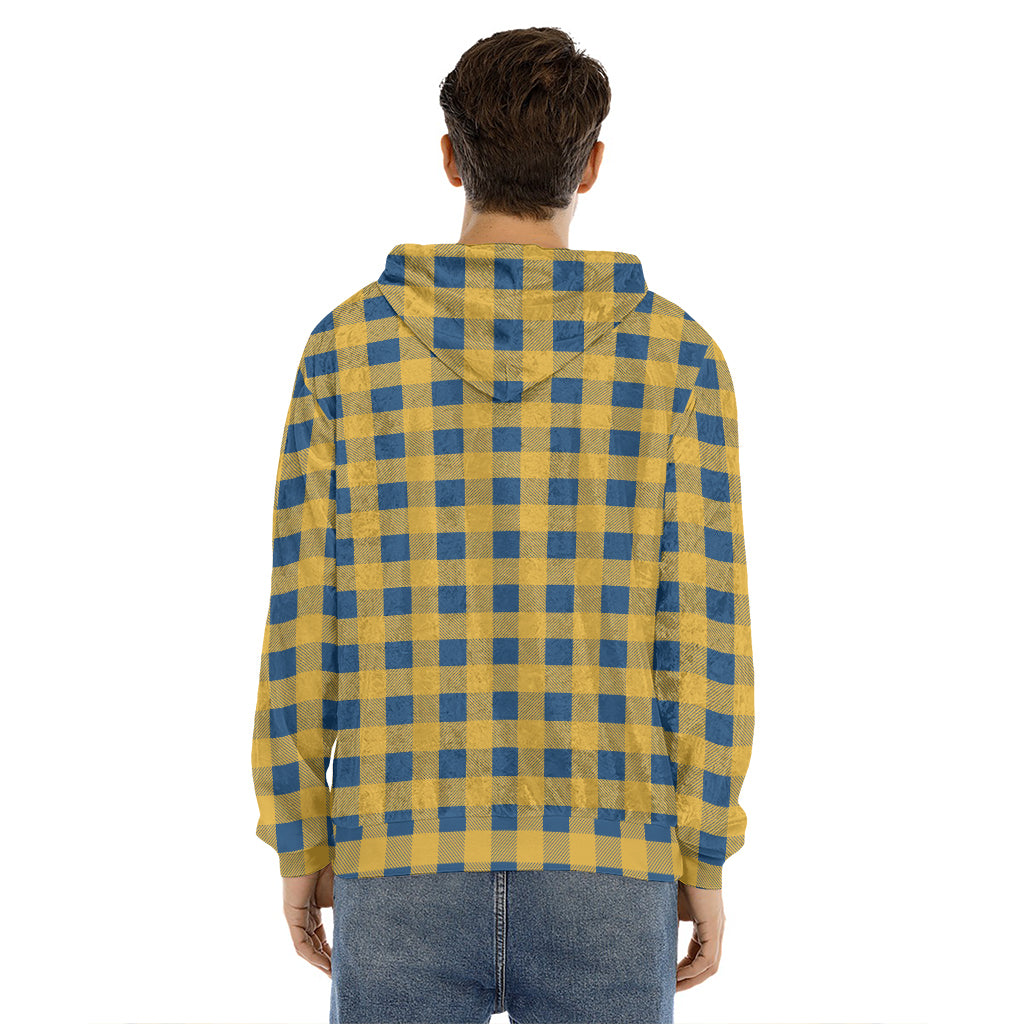 Blue And Yellow Buffalo Check Print Men's Velvet Pullover Hoodie