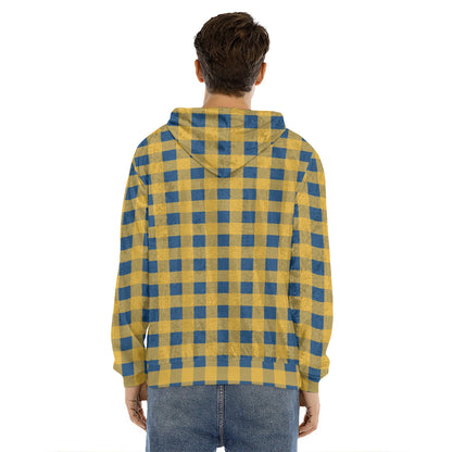 Blue And Yellow Buffalo Check Print Men's Velvet Pullover Hoodie