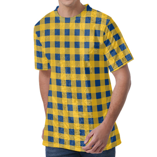 Blue And Yellow Buffalo Check Print Men's Velvet T-Shirt