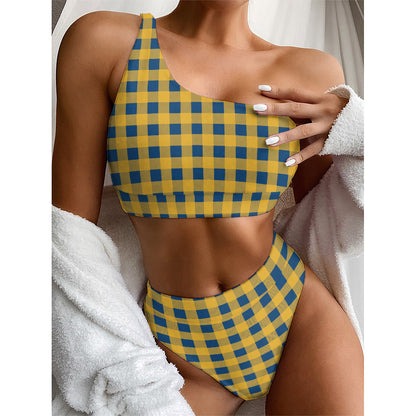 Blue And Yellow Buffalo Check Print One Shoulder Bikini Top