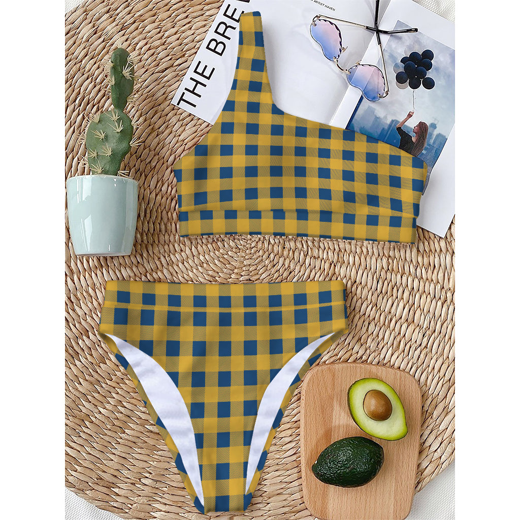 Blue And Yellow Buffalo Check Print One Shoulder Bikini Top