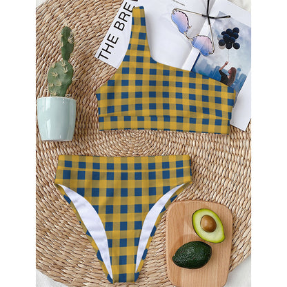 Blue And Yellow Buffalo Check Print One Shoulder Bikini Top