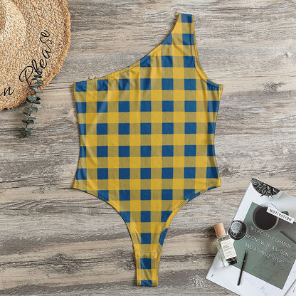 Blue And Yellow Buffalo Check Print One Shoulder Bodysuit