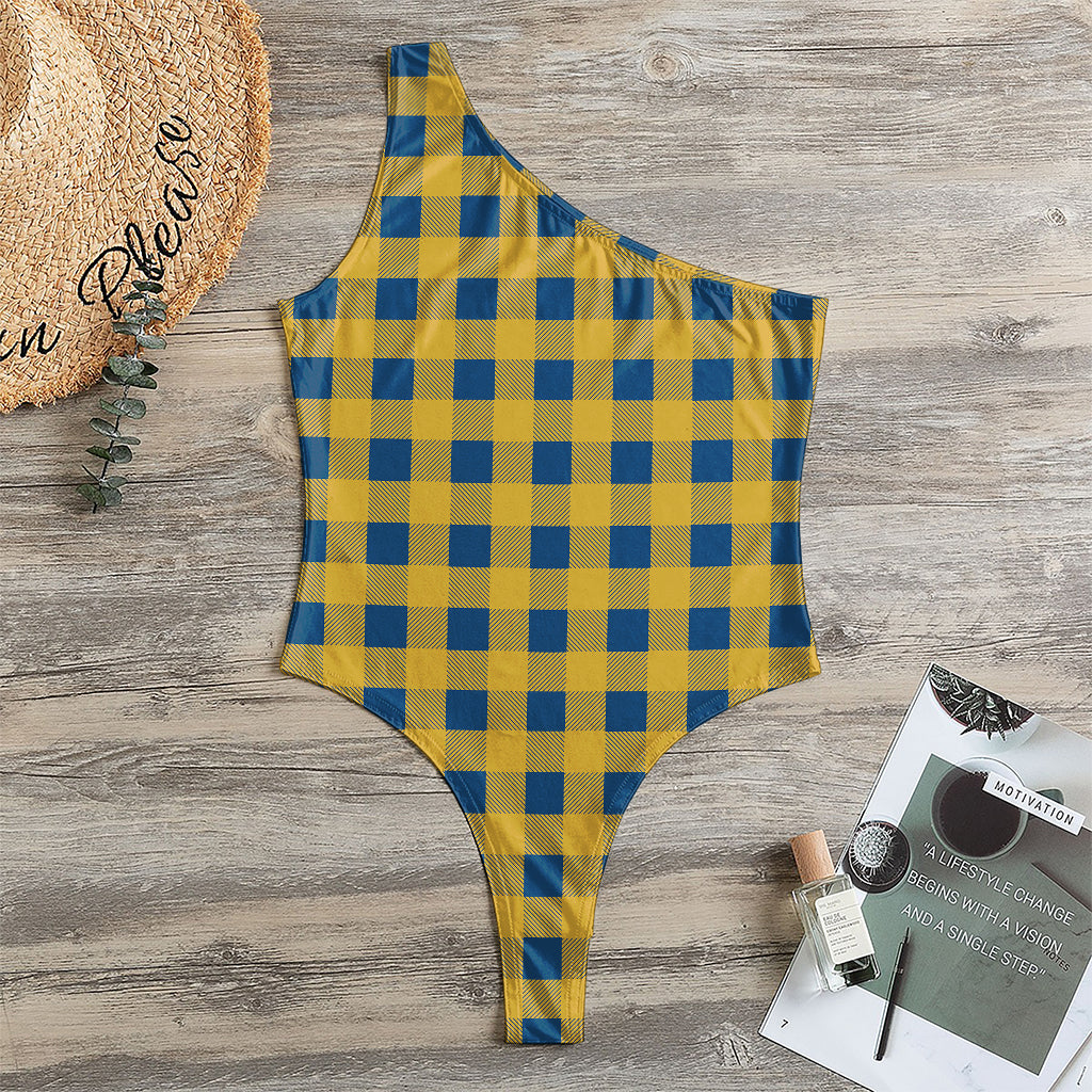 Blue And Yellow Buffalo Check Print One Shoulder Bodysuit