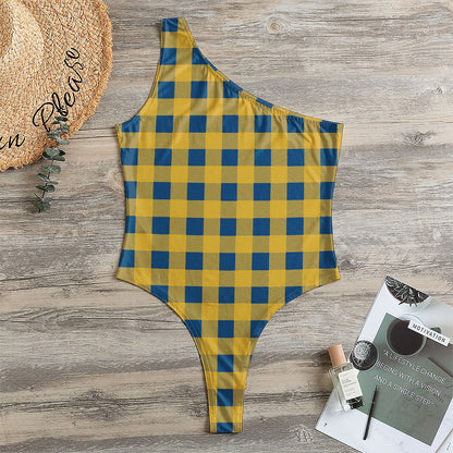 Blue And Yellow Buffalo Check Print One Shoulder Bodysuit