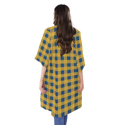 Blue And Yellow Buffalo Check Print Open Front Beach Cover Up