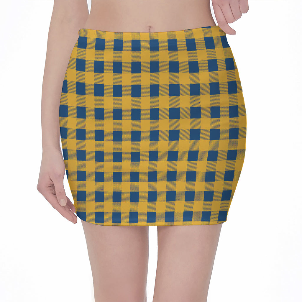 Blue And Yellow Buffalo Check Print Pencil Mini Skirt