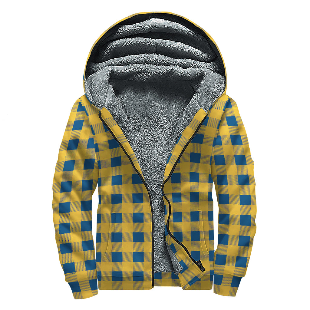 Blue And Yellow Buffalo Check Print Sherpa Lined Zip Up Hoodie
