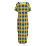 Blue And Yellow Buffalo Check Print Short Sleeve Long Nightdress