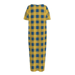 Blue And Yellow Buffalo Check Print Short Sleeve Long Nightdress