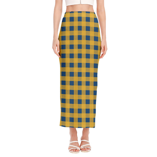 Blue And Yellow Buffalo Check Print Side Slit Maxi Skirt