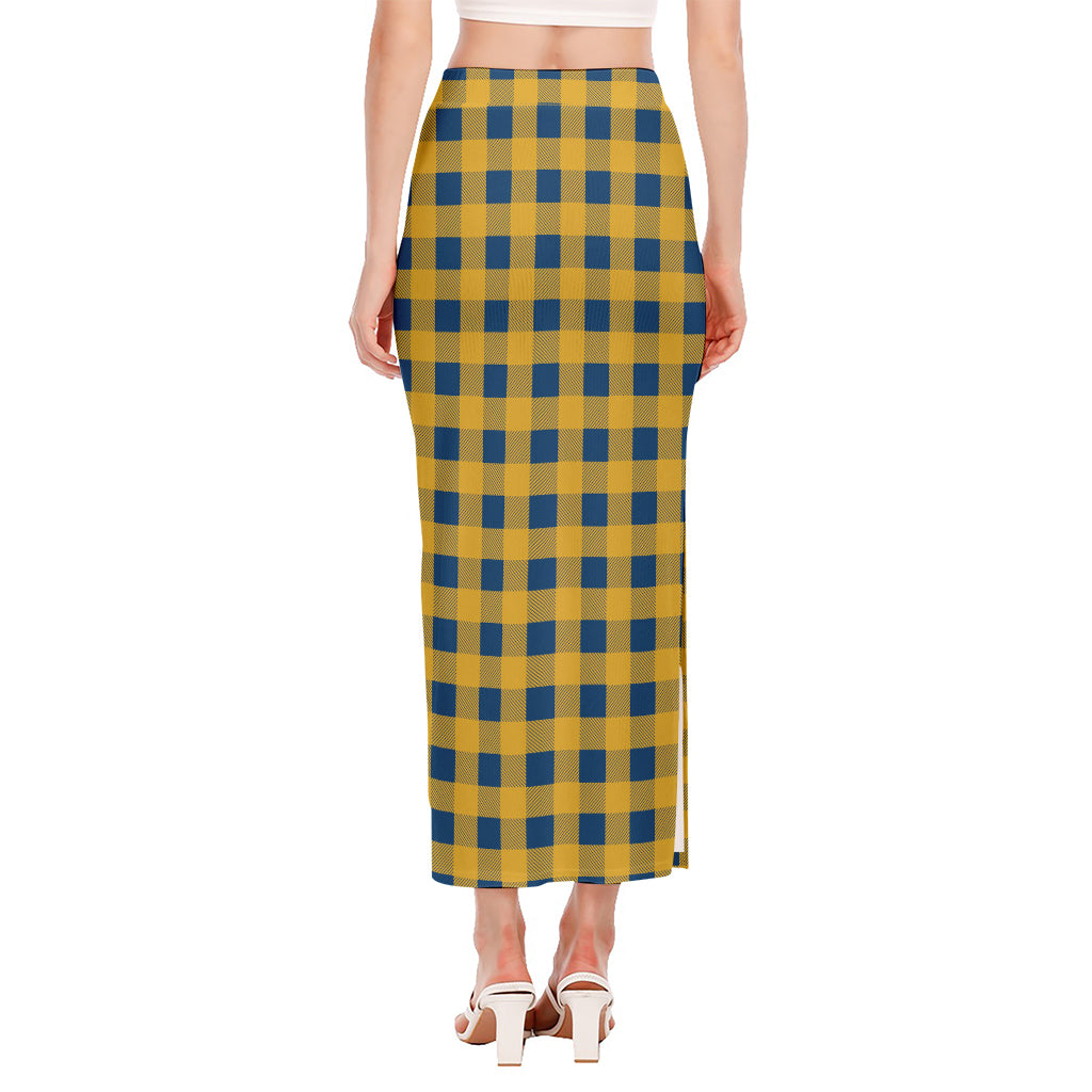 Blue And Yellow Buffalo Check Print Side Slit Maxi Skirt