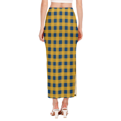 Blue And Yellow Buffalo Check Print Side Slit Maxi Skirt