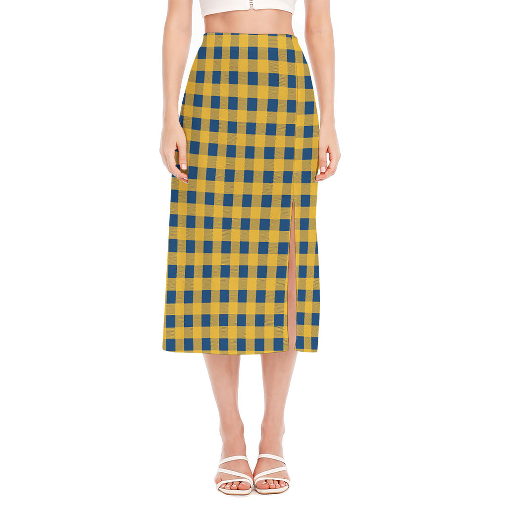 Blue And Yellow Buffalo Check Print Side Slit Midi Skirt