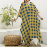 Blue And Yellow Buffalo Check Print Silk V-Neck Kaftan Dress