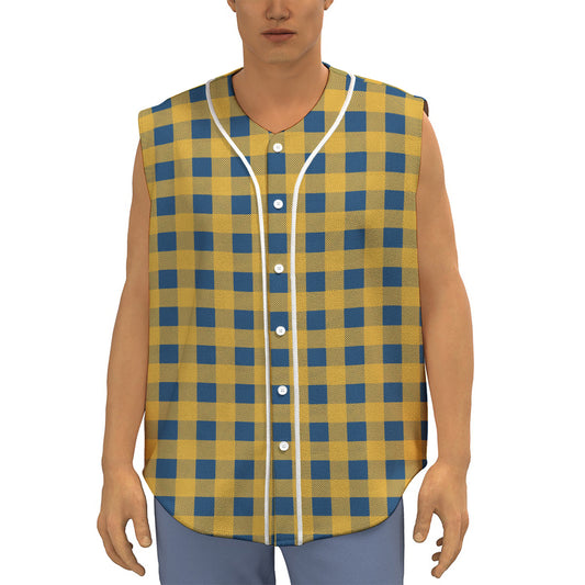 Blue And Yellow Buffalo Check Print Sleeveless Baseball Jersey