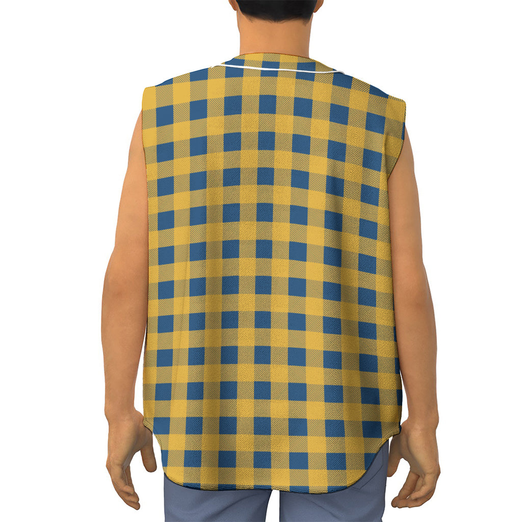 Blue And Yellow Buffalo Check Print Sleeveless Baseball Jersey
